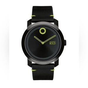 New Movado Bold Impulse Men’s Green Dial Black Leather Strap Watch 3601060